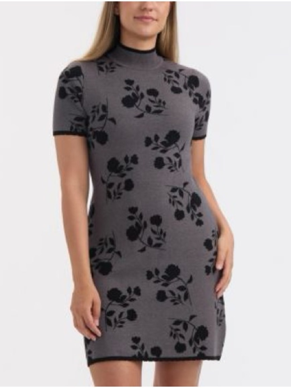 Ellen Tracy Gray Floral Knit Mock Neck Dress nwot